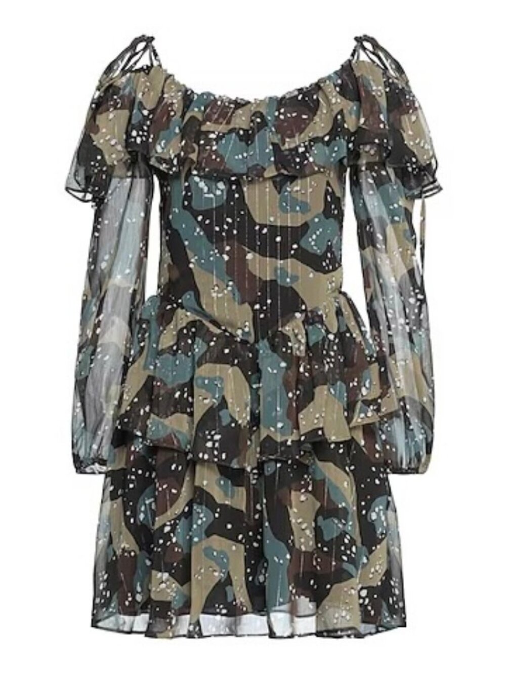 GUESS Sheer Camo Print Mini Dress XS Puff Sleeve Ruffle Off Shoulder